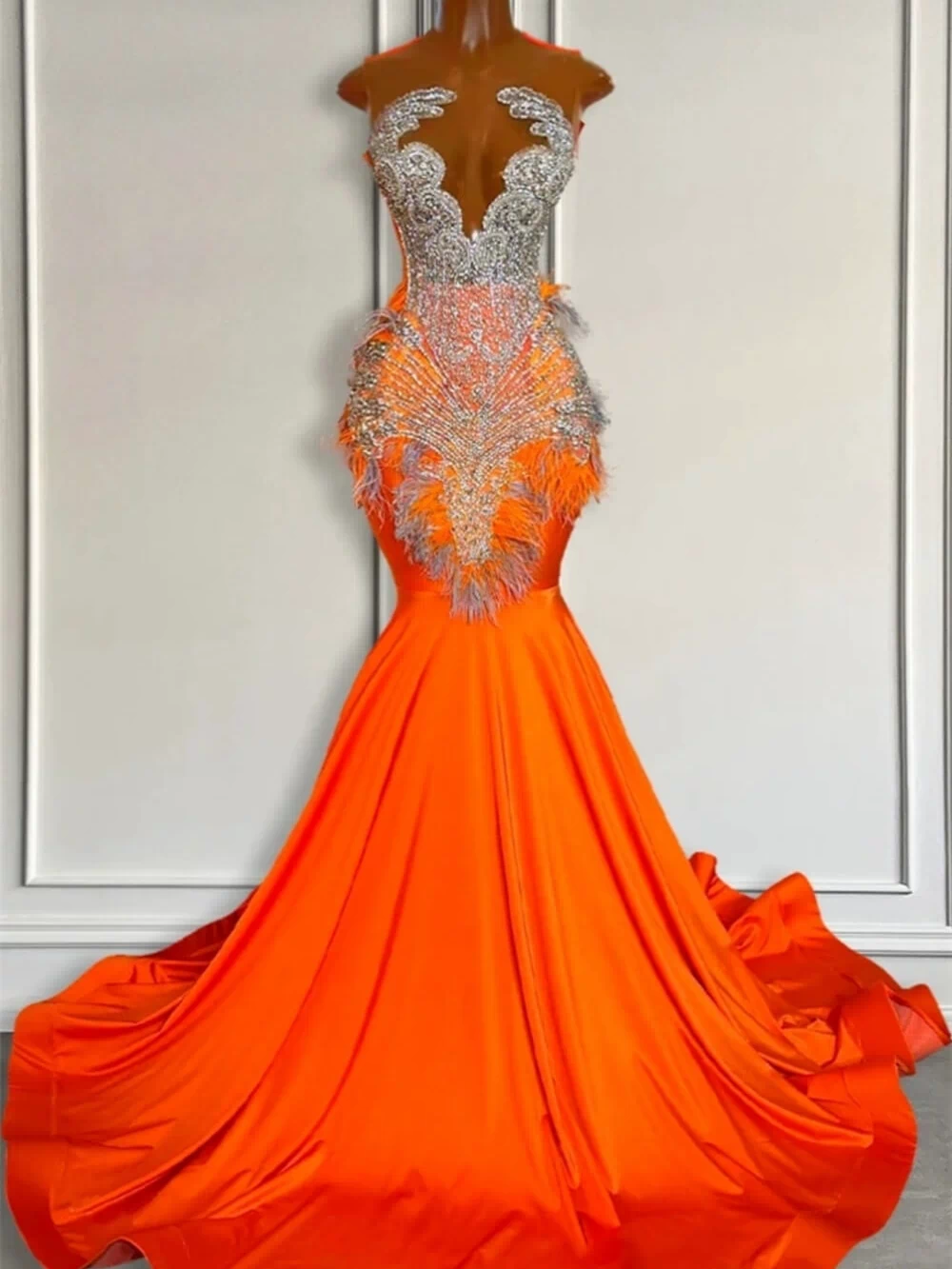 Orange Sleeveless Illusion Mermaid Prom Dresses With Beadings and Feather