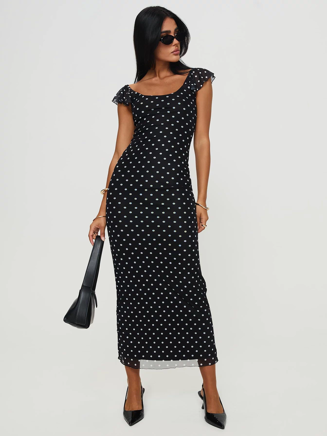 front view of model wearing Princess Polly Sandberg Maxi Dress Black Polka Dot Scoop Neck 