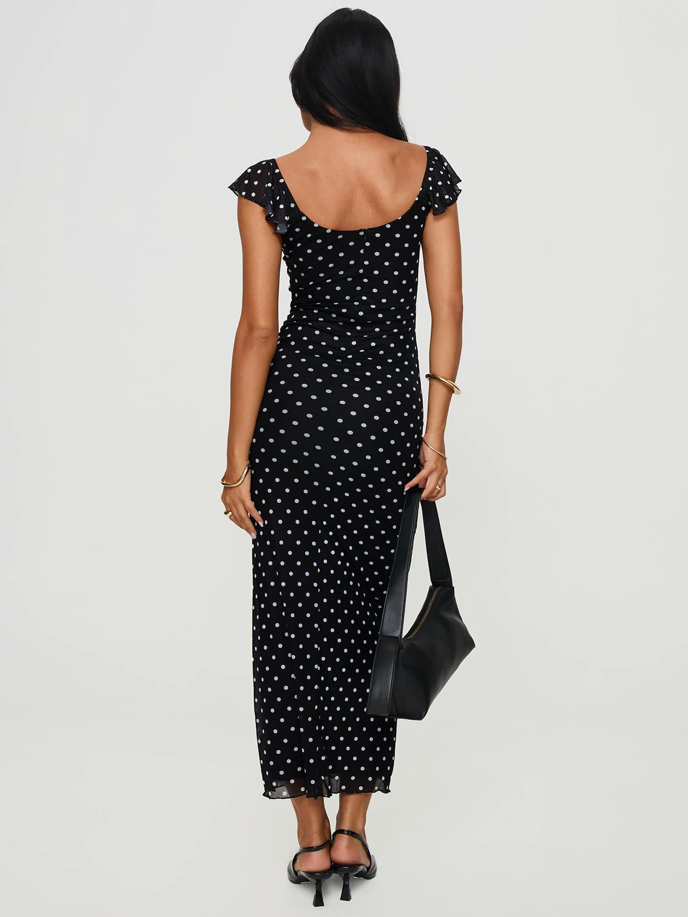 back view of model wearing Princess Polly Sandberg Maxi Dress Black Polka Dot Scoop Neck 