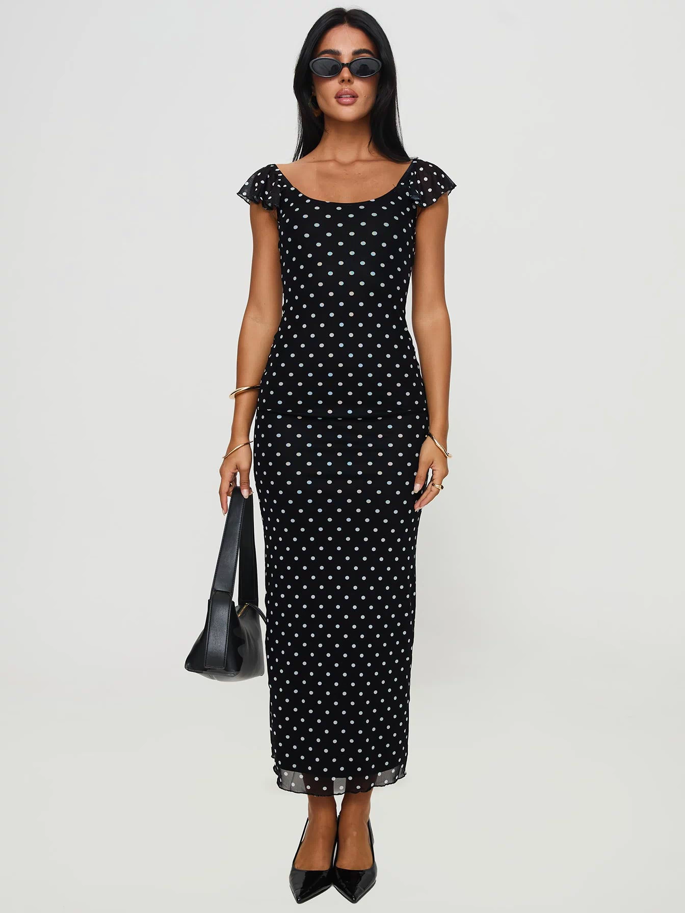 front view of model wearing Princess Polly Sandberg Maxi Dress Black Polka Dot Scoop Neck 