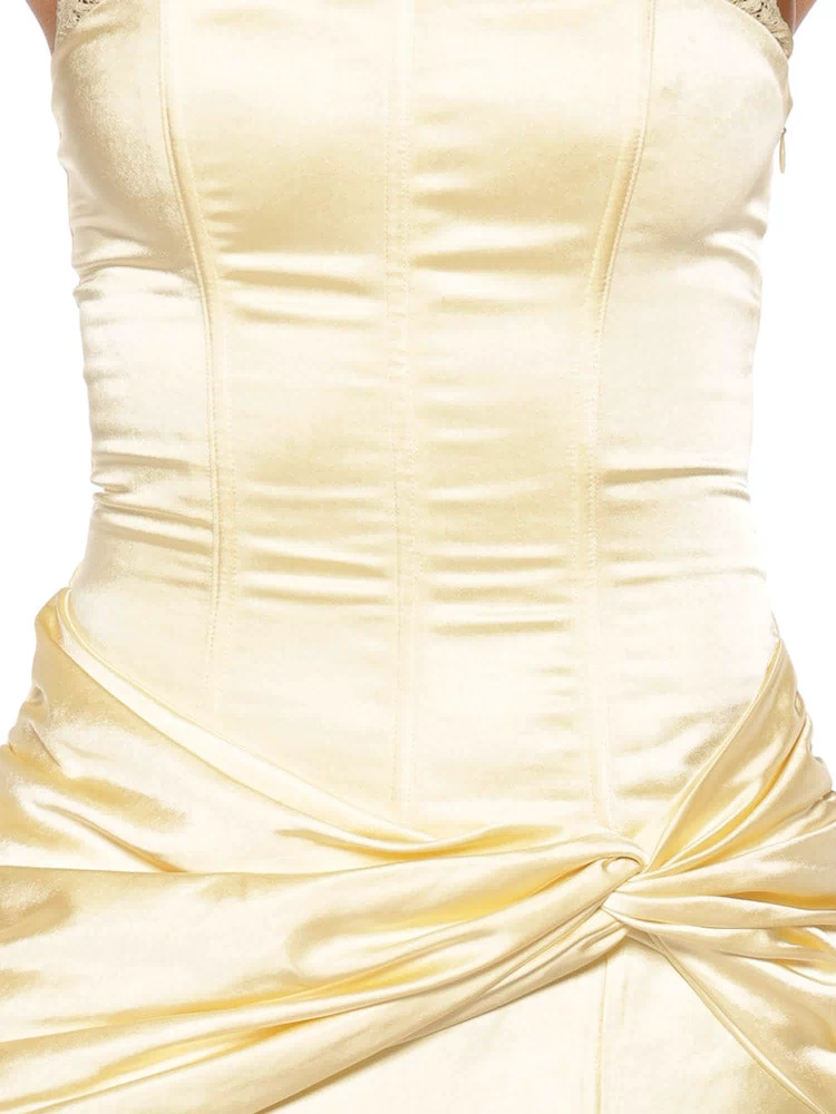 Close-up of the yellow satin strapless bodice with lace trim, corset seaming, and ruched twist waist detail