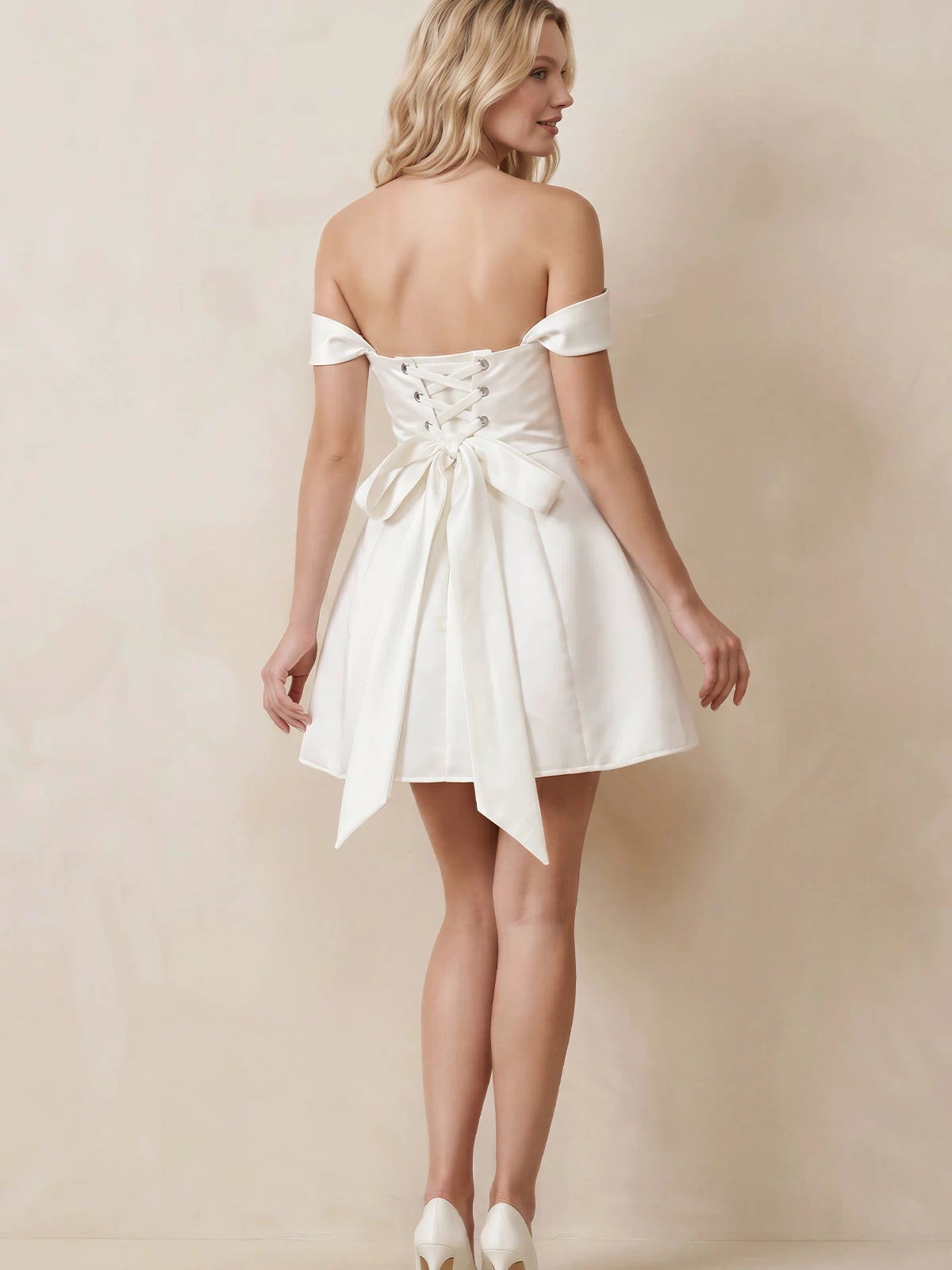 Satin Off - the - Shoulder A - Line Mini Wedding Dress in White - KissProm Wedding Dresses