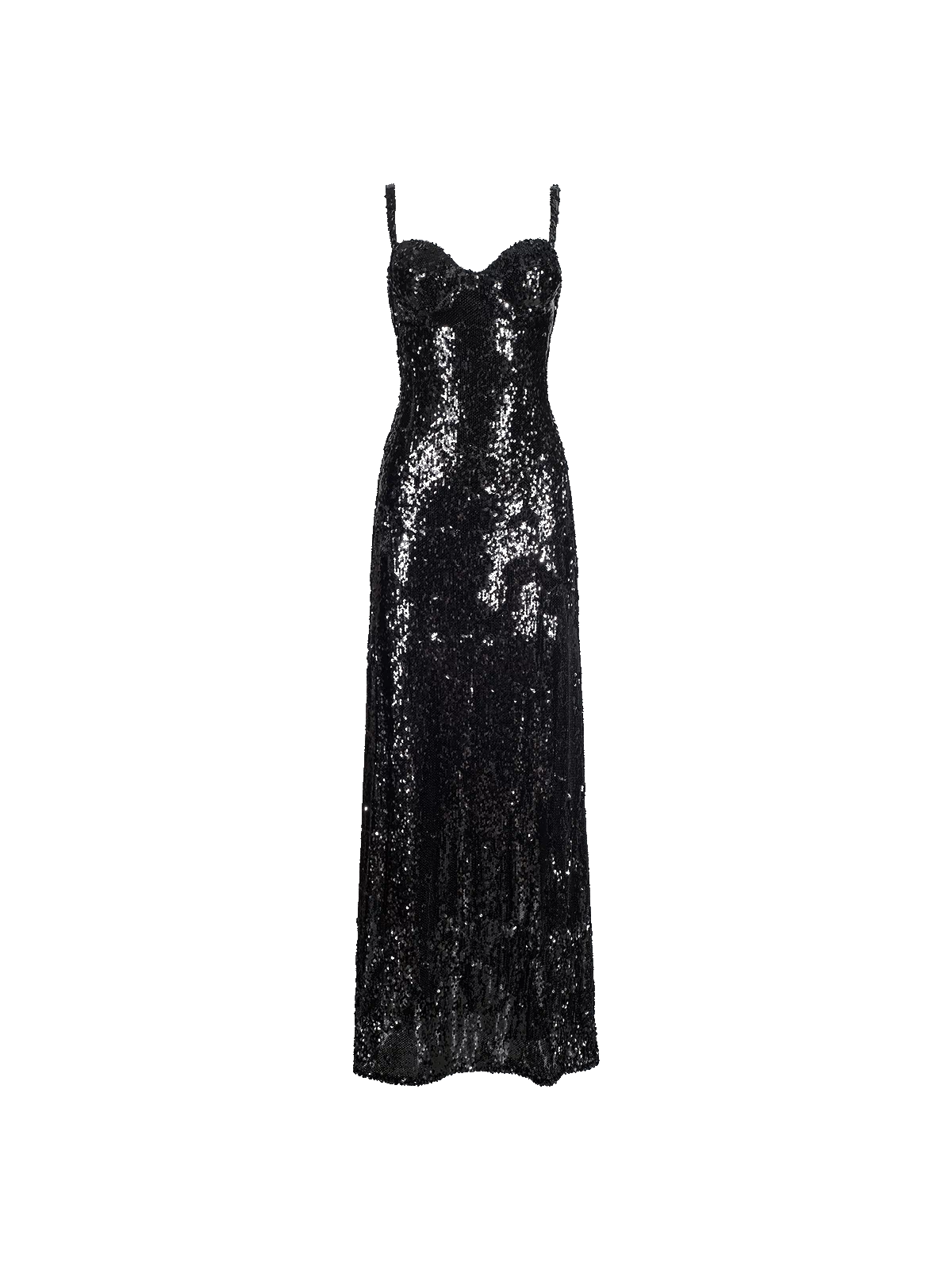 The Sayla Sequin Gown is a full-length black sequin dress featuring thin spaghetti straps and a fitted, corset-style bodice, exuding vintage glamour against a plain white background.