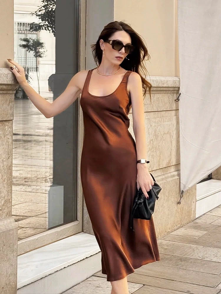 Scoop Neck Midi Silk Slip Dress