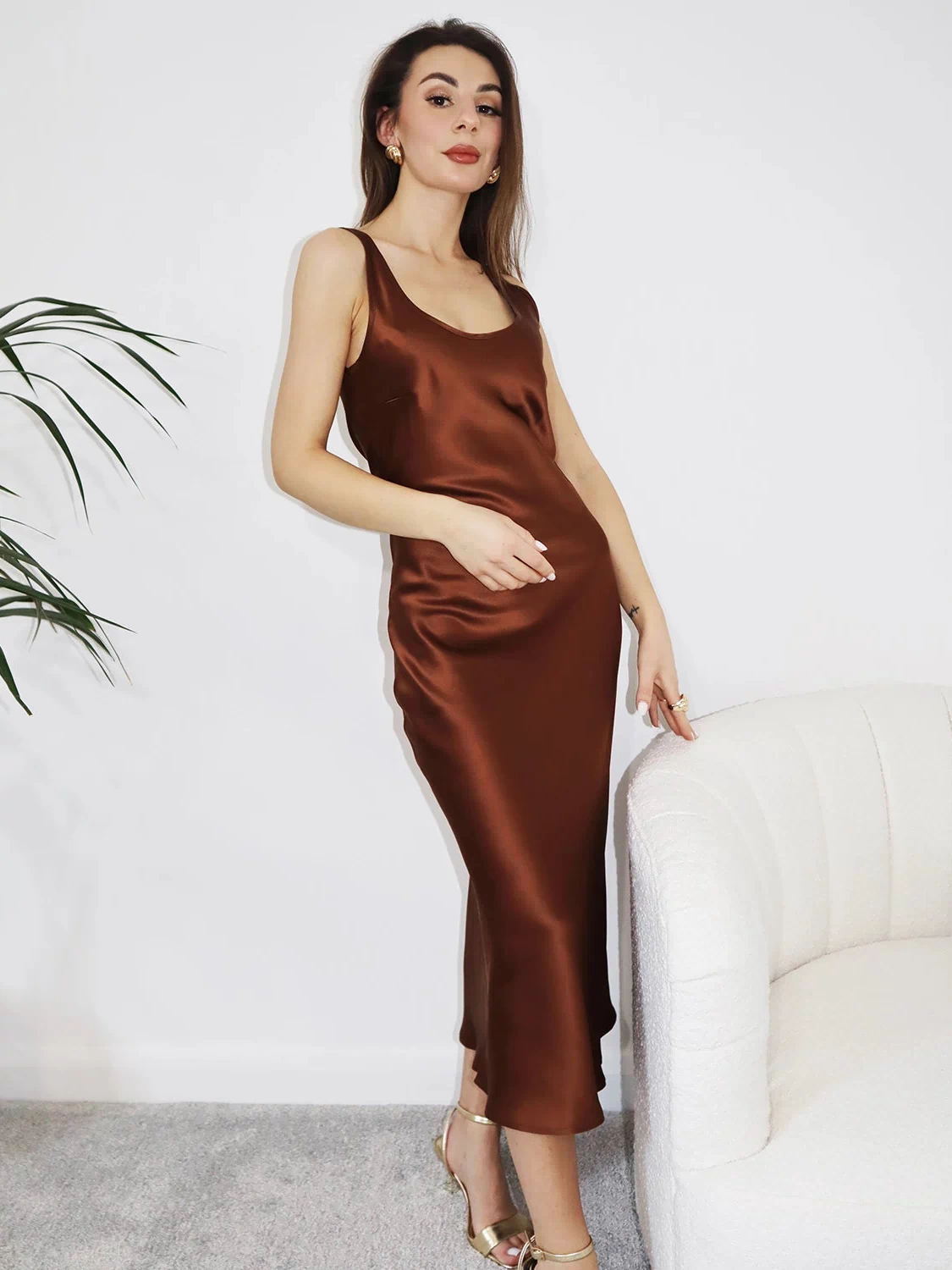Scoop Neck Midi Silk Slip Dress, Brown
