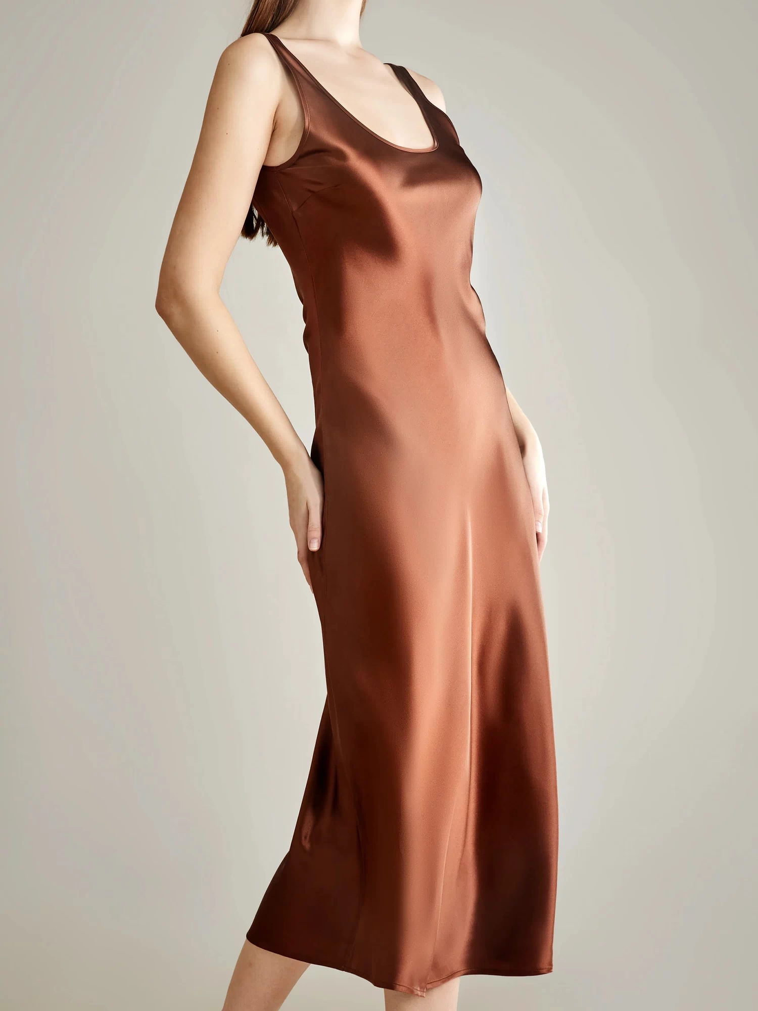 Scoop Neck Midi Silk Slip Dress, Brown