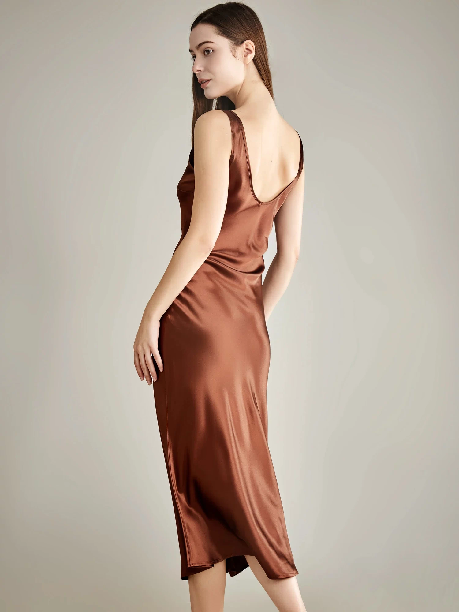 Scoop Neck Midi Silk Slip Dress Brown