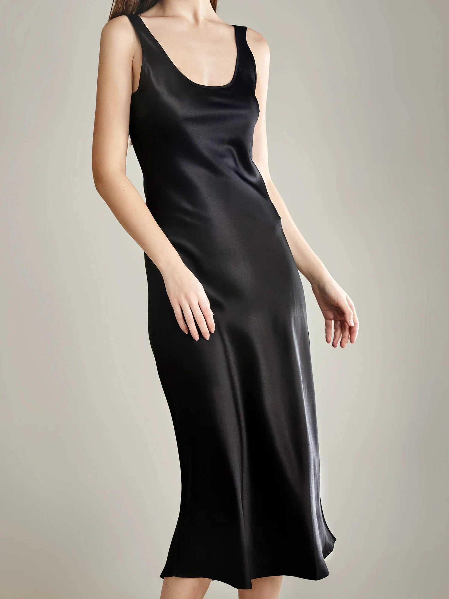 Scoop Neck Midi Silk Slip Dress, Black
