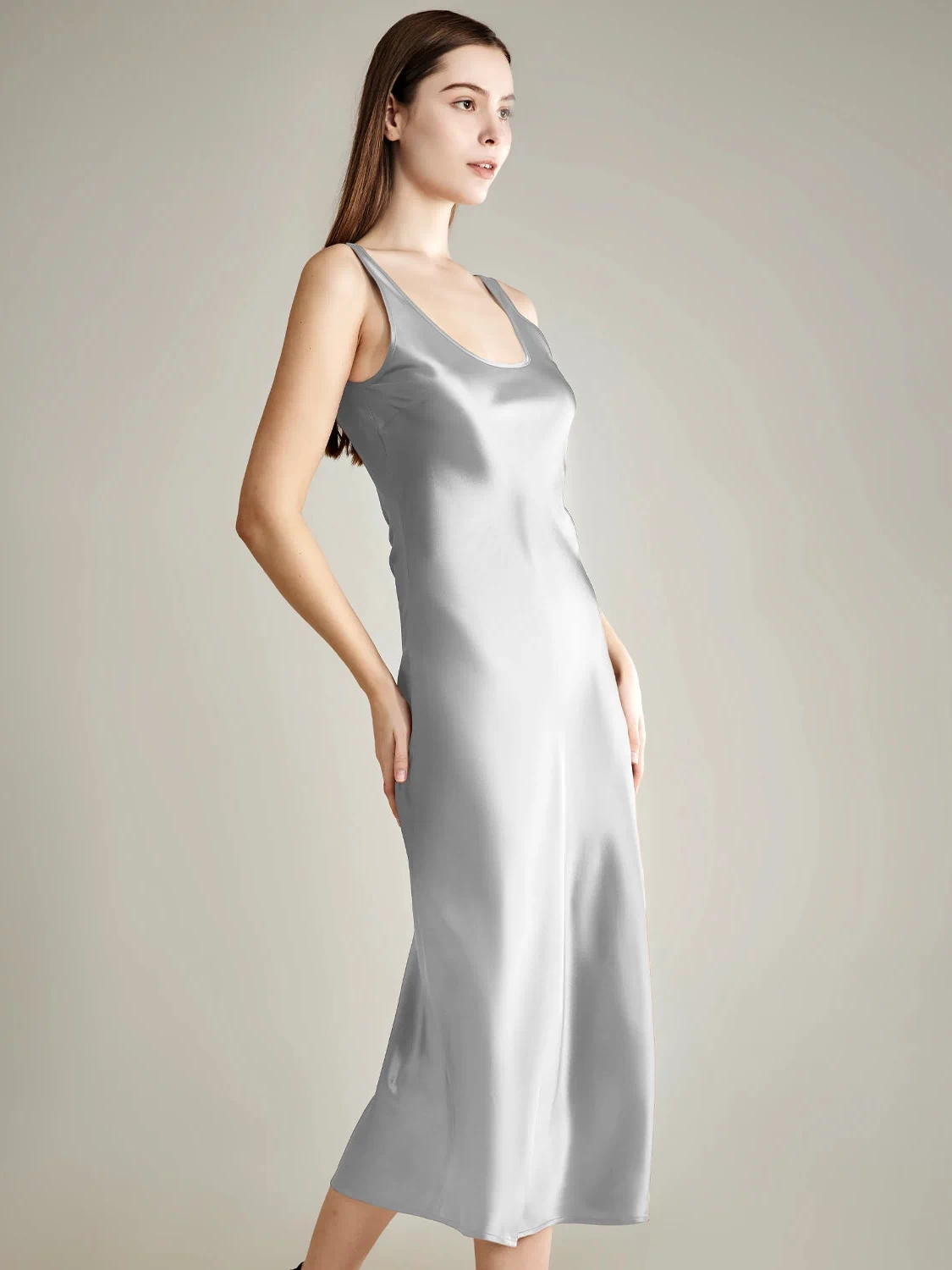 Scoop Neck Midi Silk Slip Dress, Grey