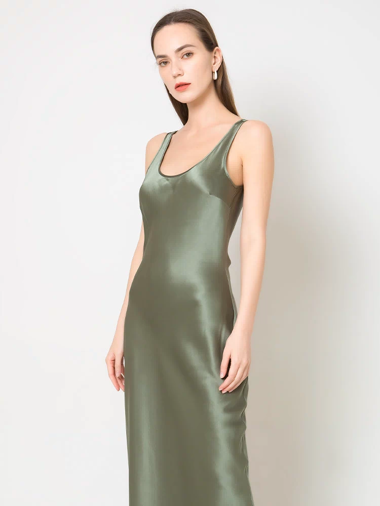 Scoop Neck Midi Silk Slip Dress, Olive Green