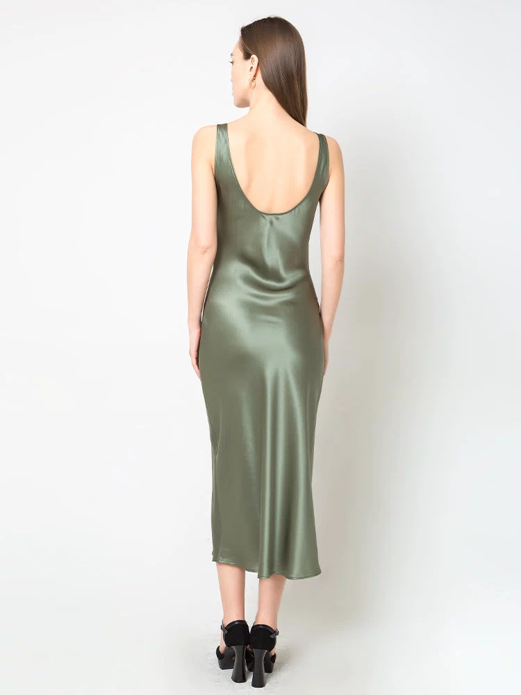 Scoop Neck Midi Silk Slip Dress, Olive Green