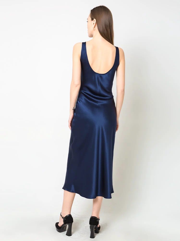 Scoop Neck Midi Silk Slip Dress, Navy