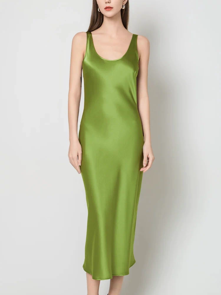 Scoop Neck Midi Silk Slip Dress, Mustard Green