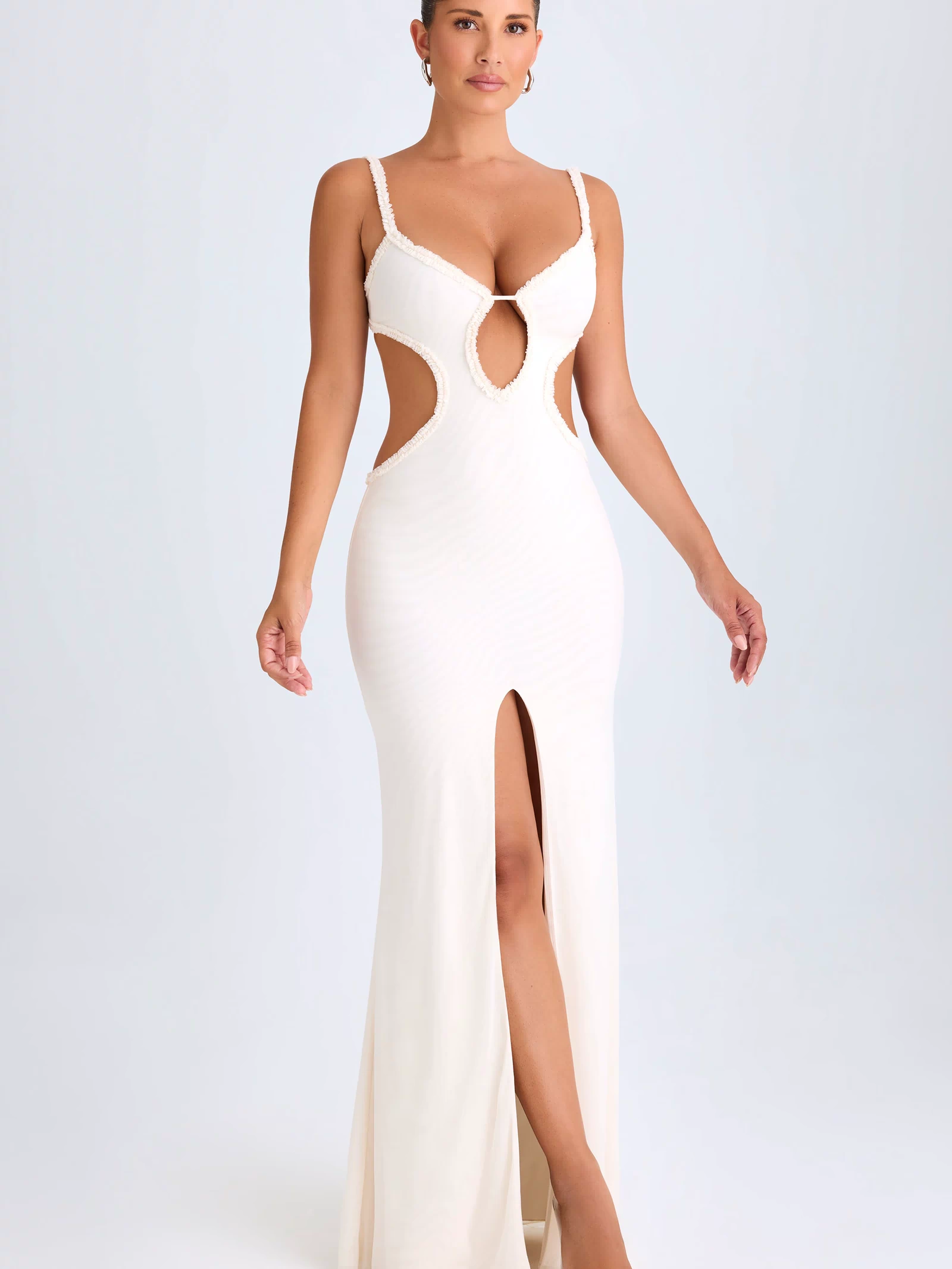 Ruffle-Appliqué Cut-Out Maxi Dress in White