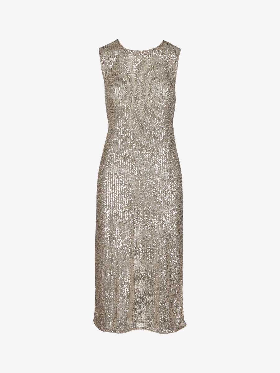 Sequin Mesh Midi Dress::Silver::Main