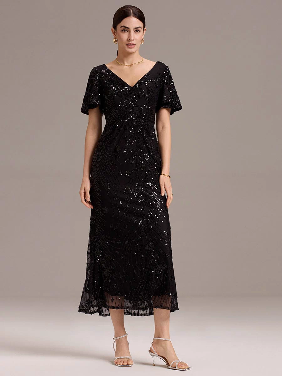 ever PALMER|Sequin Ruffle Sleeve Evening Dress