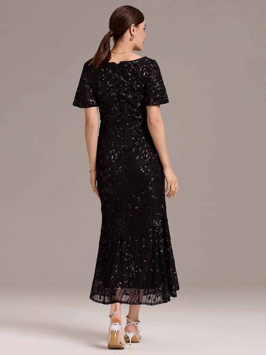 Sequin Ruffle Sleeve Evening Dress #color_Black