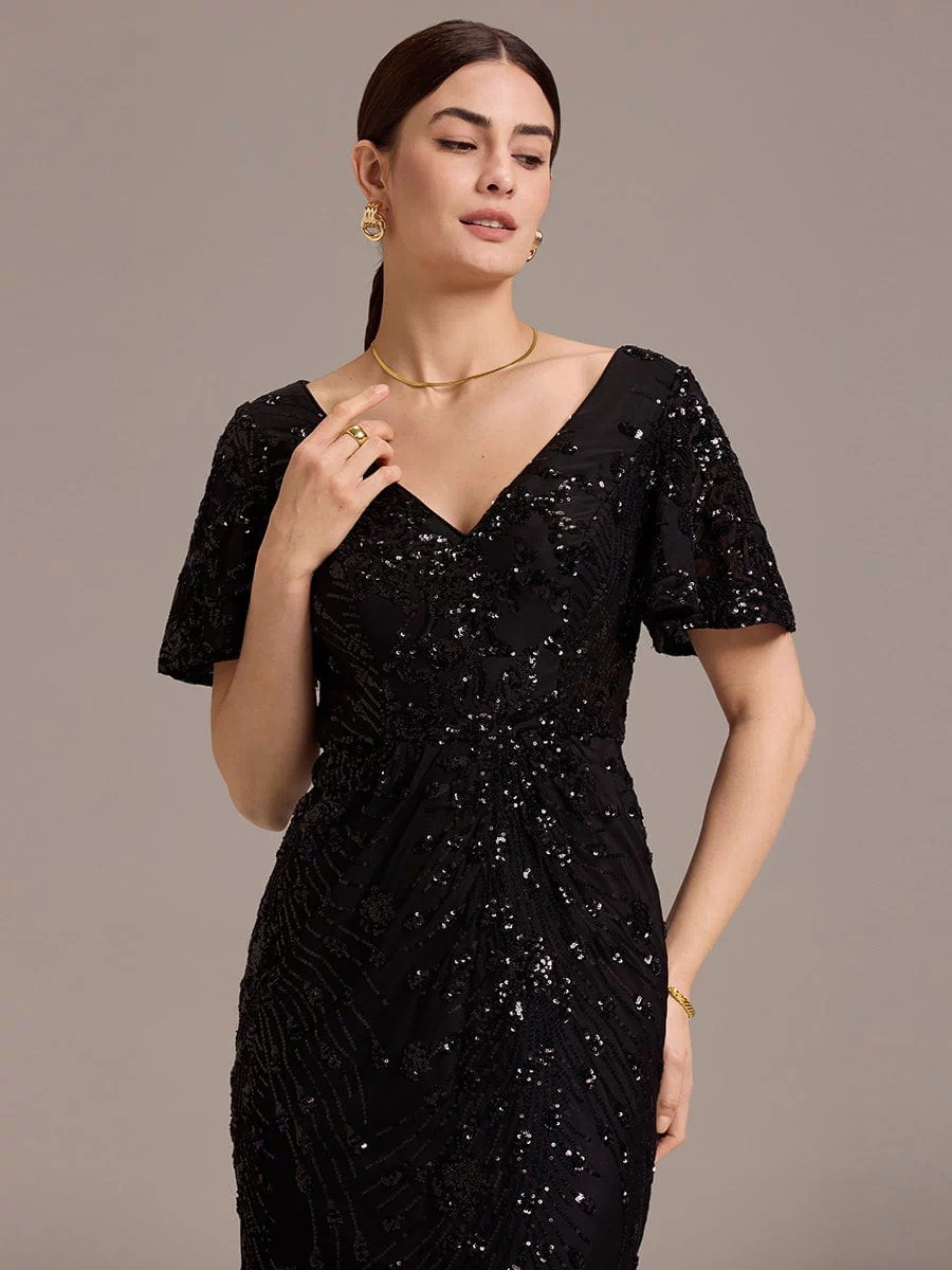 Sequin Ruffle Sleeve Evening Dress #color_Black