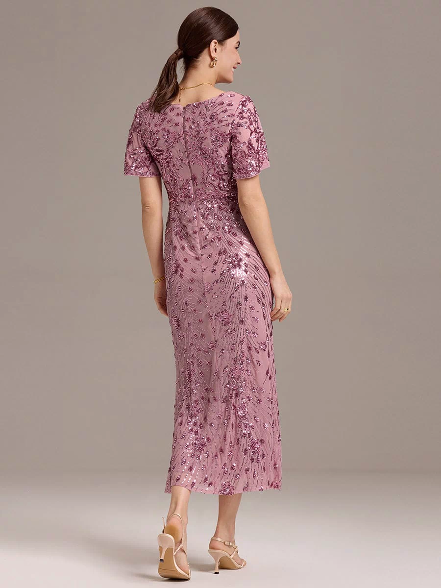 Sequin Ruffle Sleeve Evening Dress #color_Purple Orchid