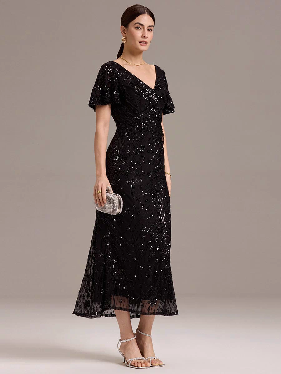 Sequin Ruffle Sleeve Evening Dress #color_Black