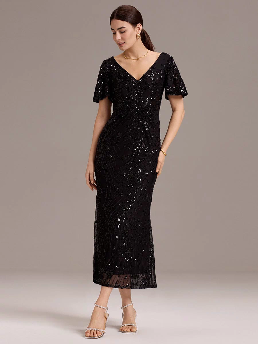 Sequin Ruffle Sleeve Evening Dress #color_Black