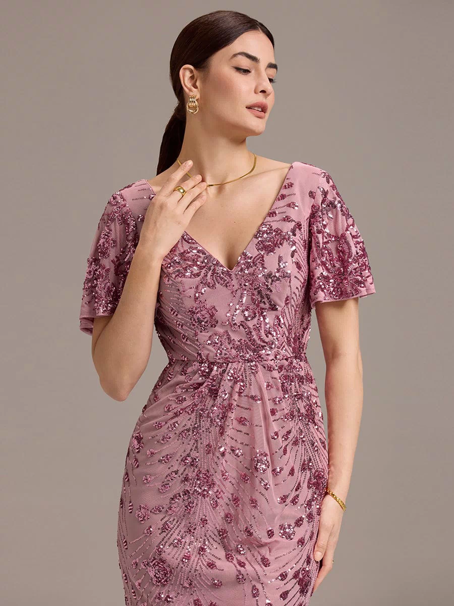 Sequin Ruffle Sleeve Evening Dress #color_Purple Orchid