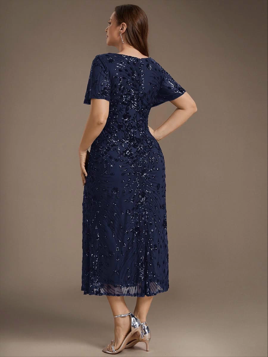 Sequin Ruffle Sleeve Evening Dress #color_Navy Blue
