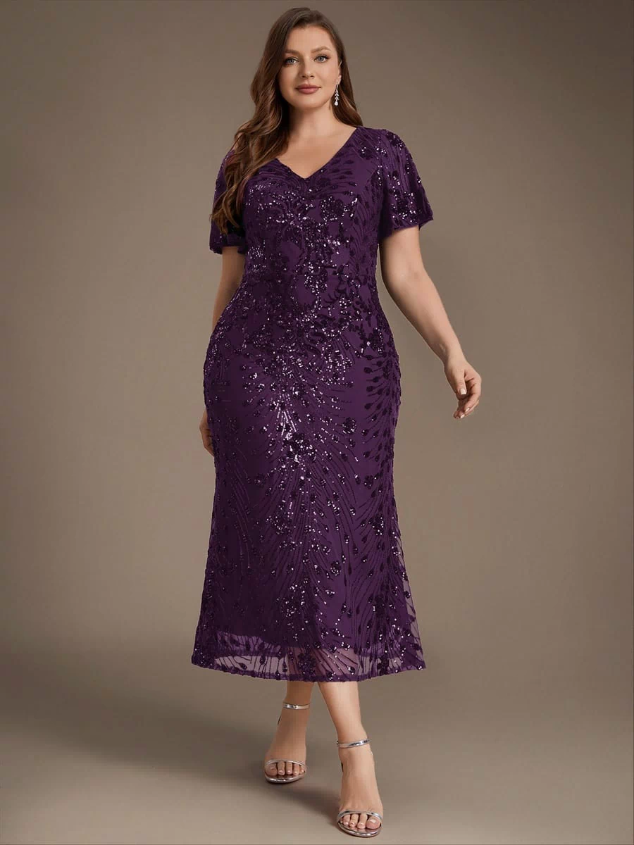 Sequin Ruffle Sleeve Evening Dress #color_Dark Purple