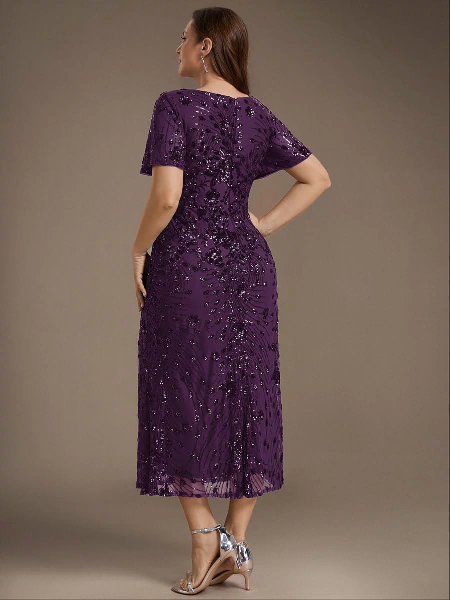 Sequin Ruffle Sleeve Evening Dress #color_Dark Purple