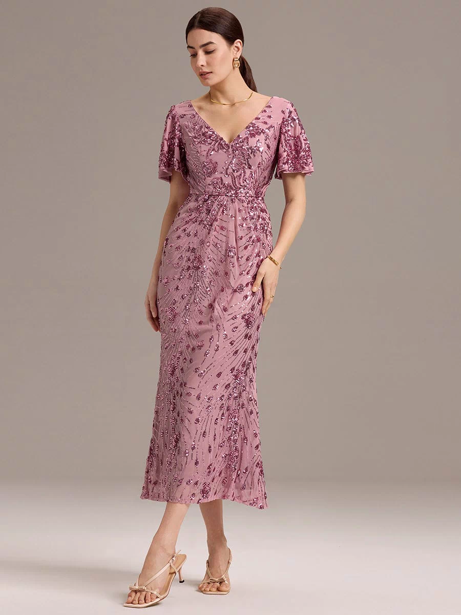 Sequin Ruffle Sleeve Evening Dress #color_Purple Orchid