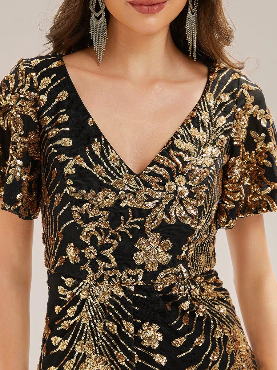 Sequin Ruffle Sleeve Evening Dress #color_Black & Gold