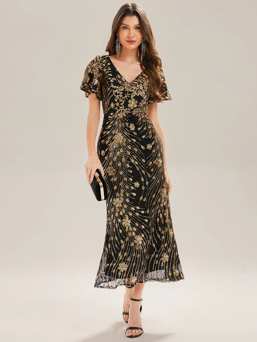 Sequin Ruffle Sleeve Evening Dress #color_Black & Gold