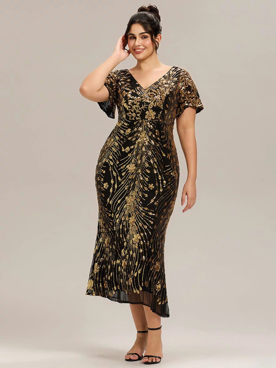 Sequin Ruffle Sleeve Evening Dress #color_Black & Gold
