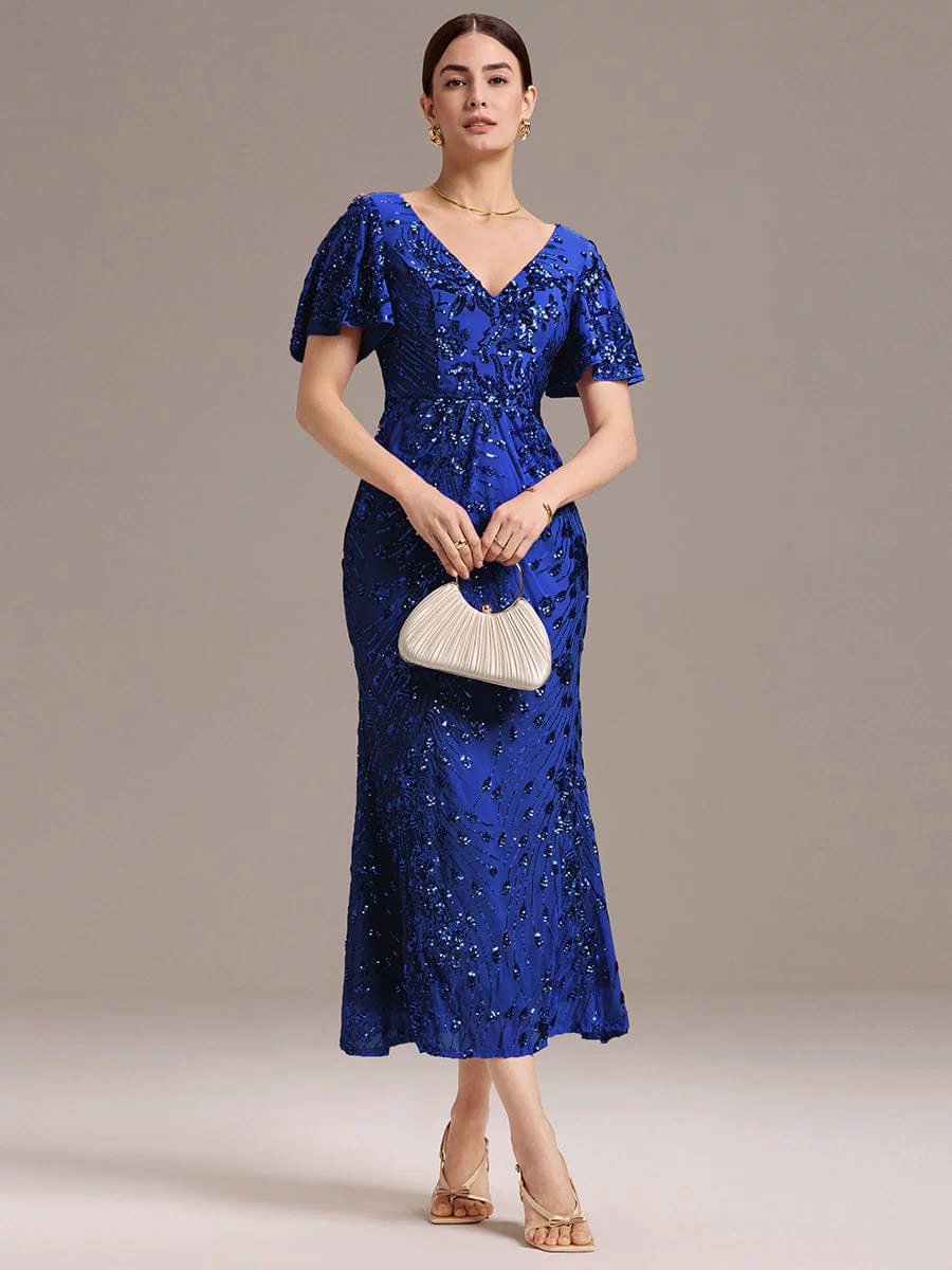 Sequin Ruffle Sleeve Evening Dress #color_Sapphire Blue