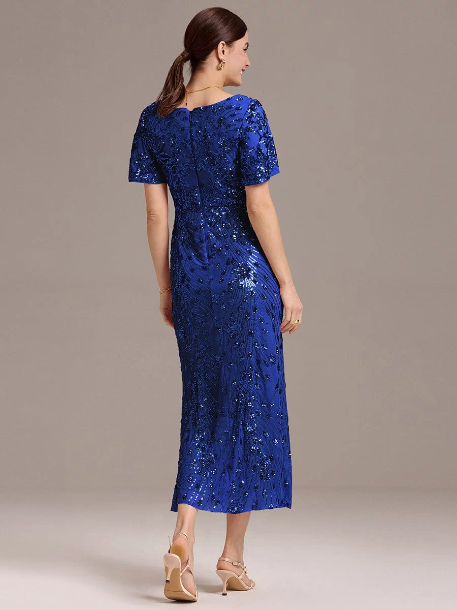 Sequin Ruffle Sleeve Evening Dress #color_Sapphire Blue