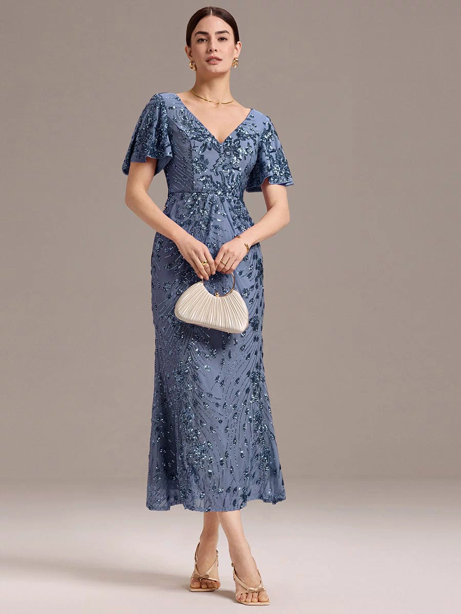 Sequin Ruffle Sleeve Evening Dress #color_Dusty Blue