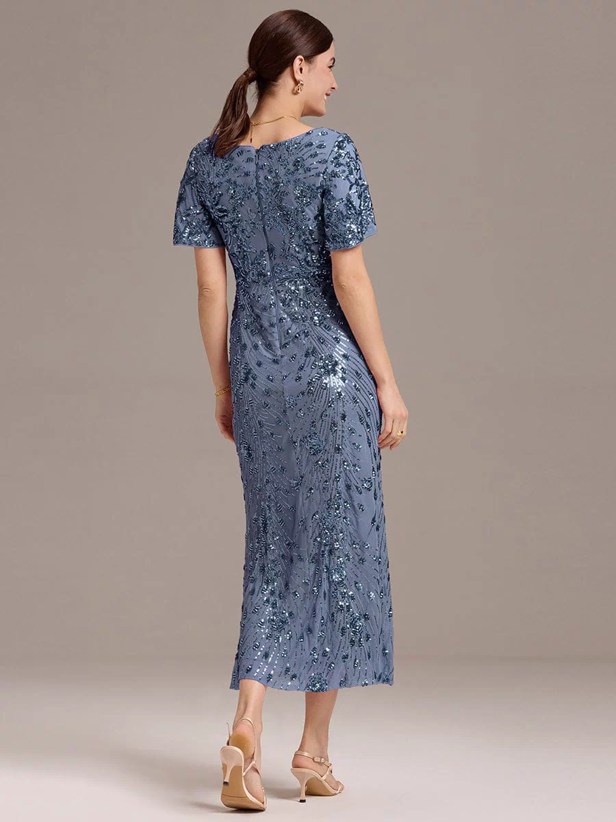 Sequin Ruffle Sleeve Evening Dress #color_Dusty Blue