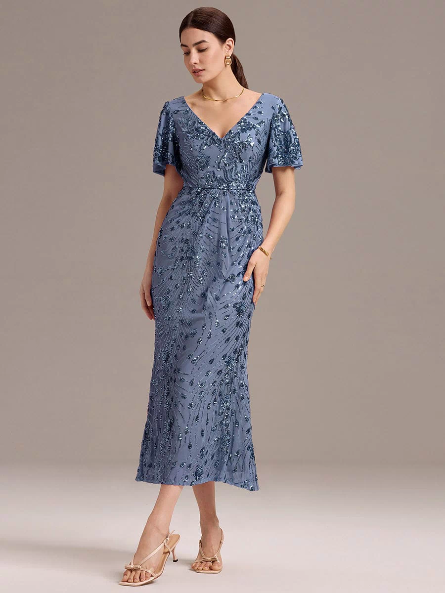 Sequin Ruffle Sleeve Evening Dress #color_Dusty Blue