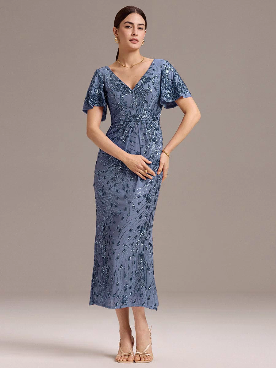 Sequin Ruffle Sleeve Evening Dress #color_Dusty Blue