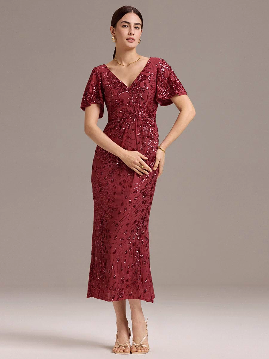 Sequin Ruffle Sleeve Evening Dress #color_Burgundy