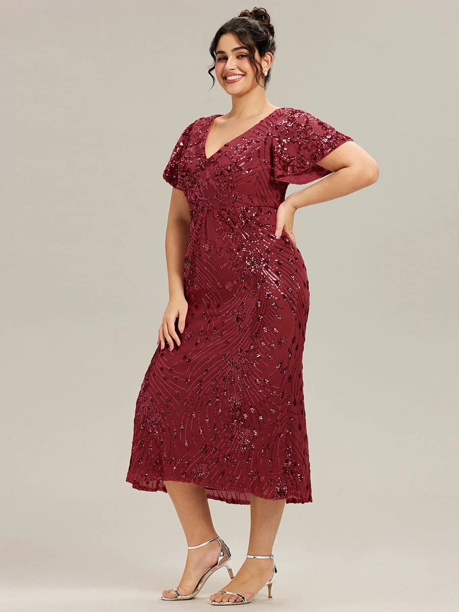 Sequin Ruffle Sleeve Evening Dress #color_Burgundy