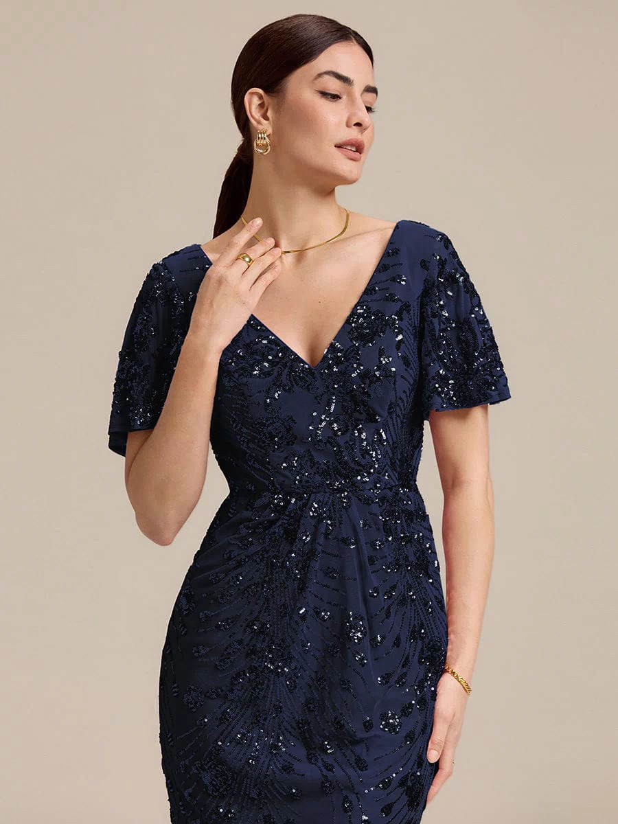 Sequin Ruffle Sleeve Evening Dress #color_Navy Blue