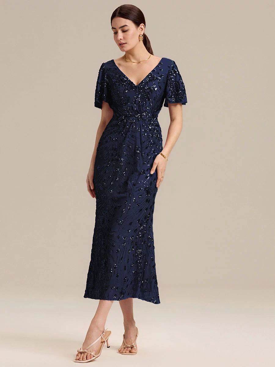 Sequin Ruffle Sleeve Evening Dress #color_Navy Blue