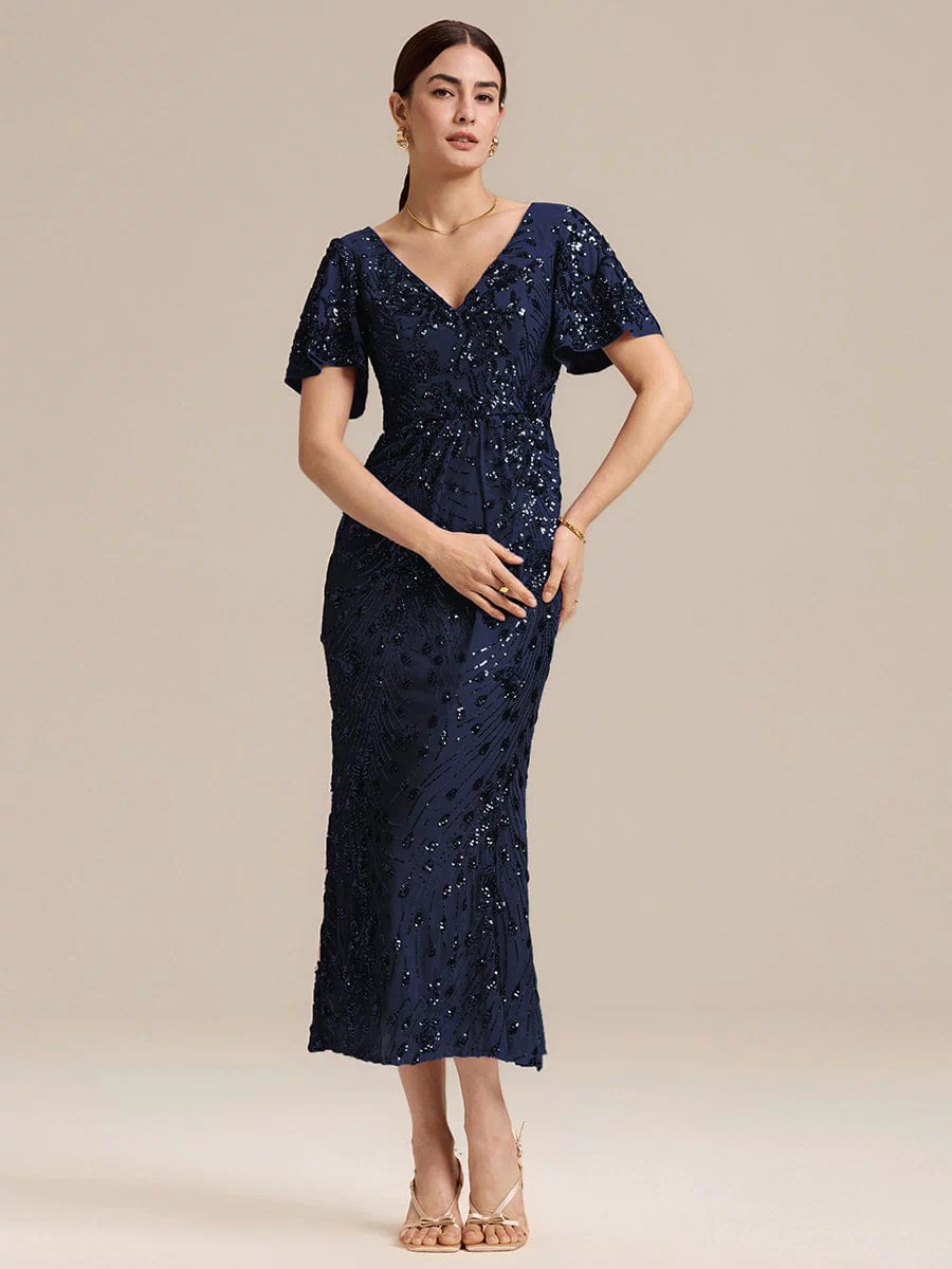 Sequin Ruffle Sleeve Evening Dress #color_Navy Blue