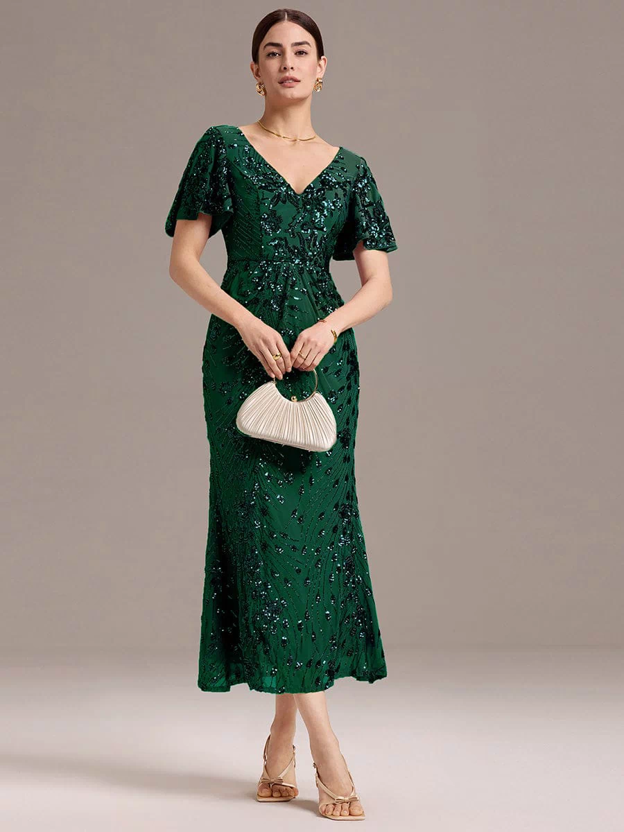 Sequin Ruffle Sleeve Evening Dress #color_Dark Green
