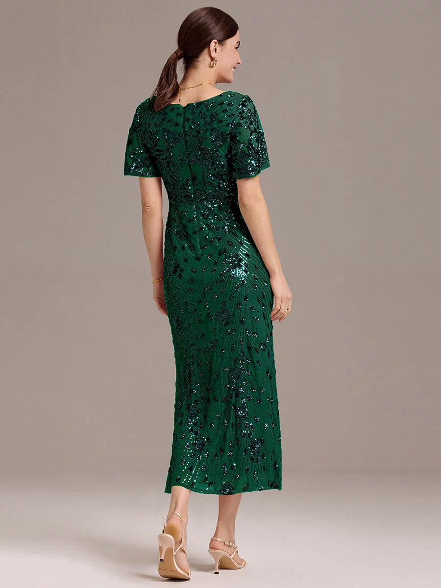 Sequin Ruffle Sleeve Evening Dress #color_Dark Green