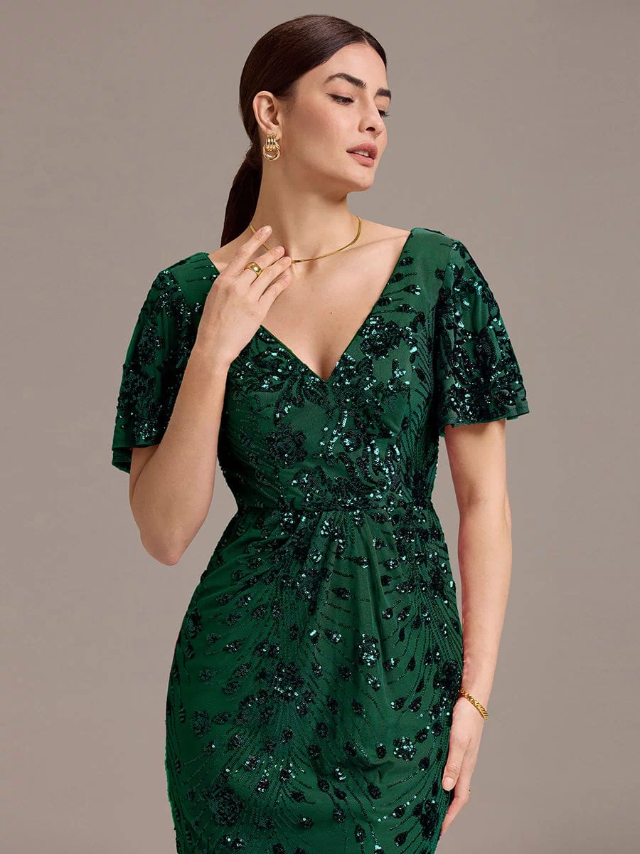 Sequin Ruffle Sleeve Evening Dress #color_Dark Green