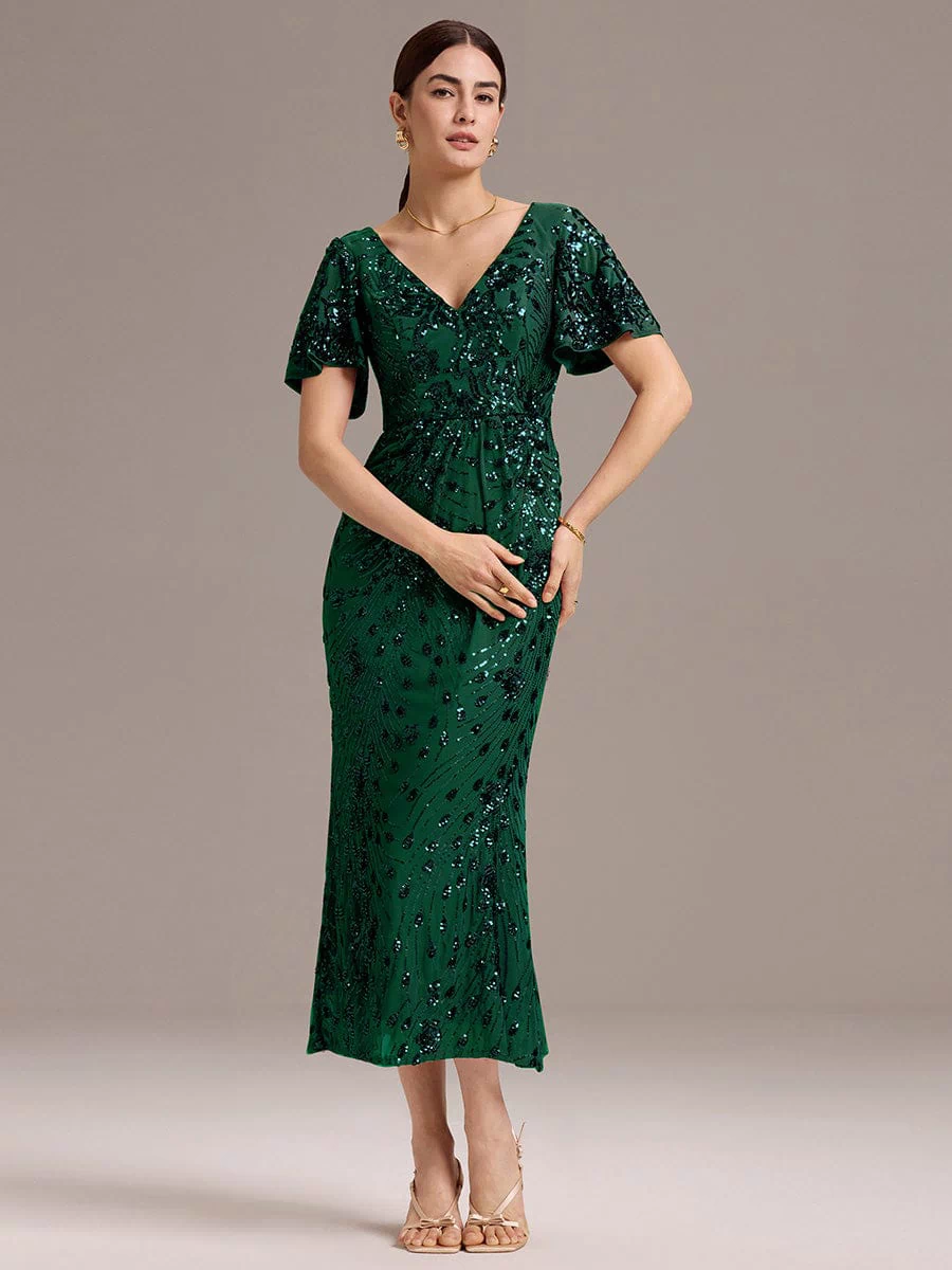Sequin Ruffle Sleeve Evening Dress #color_Dark Green