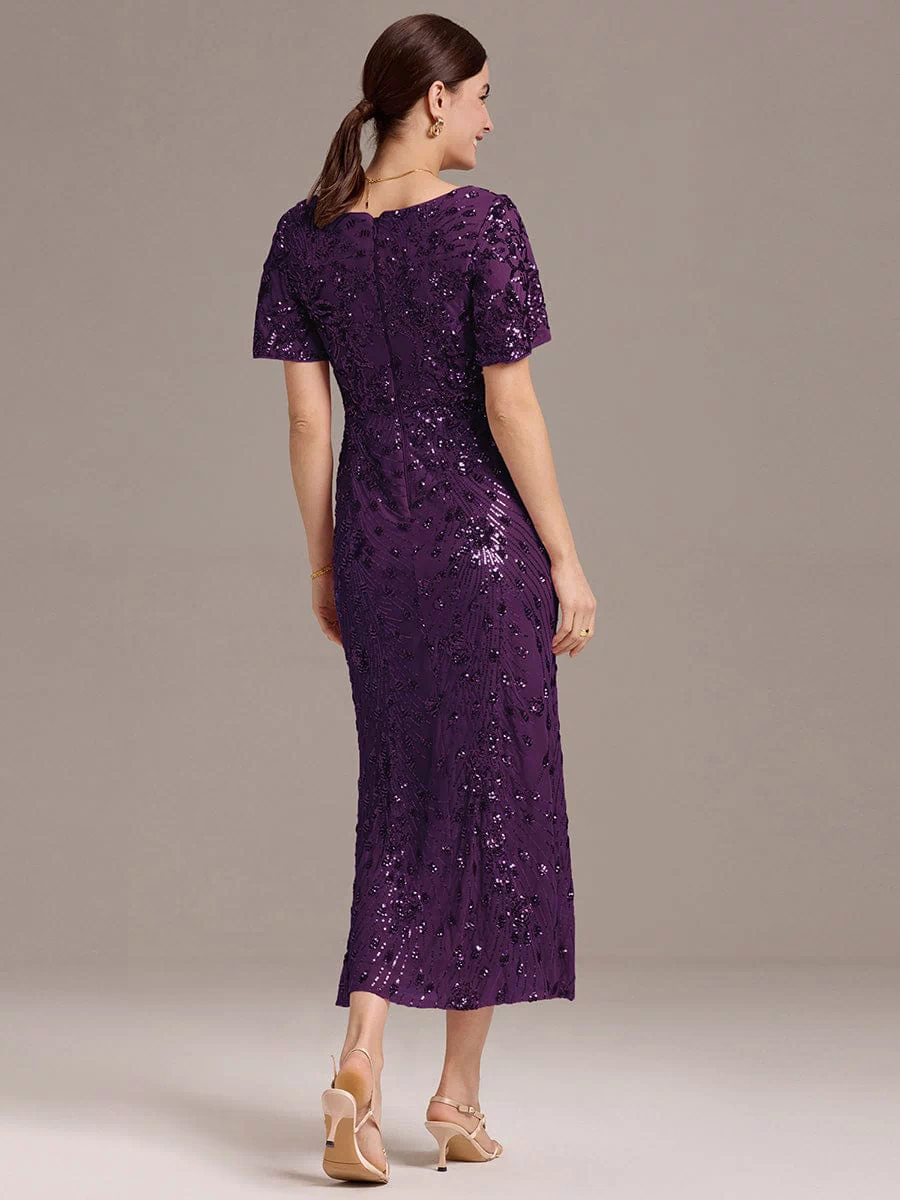 Sequin Ruffle Sleeve Evening Dress #color_Dark Purple