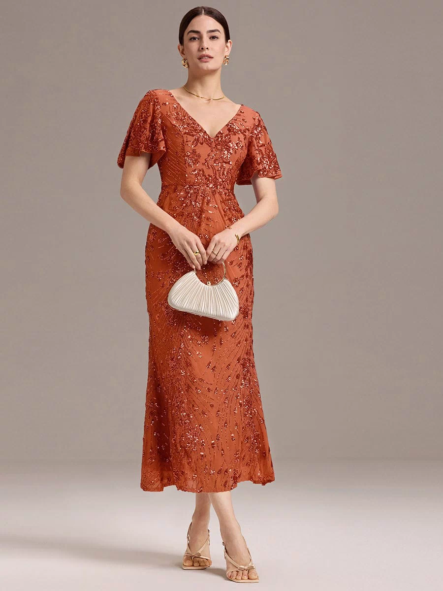 Sequin Ruffle Sleeve Evening Dress #color_Burnt Orange
